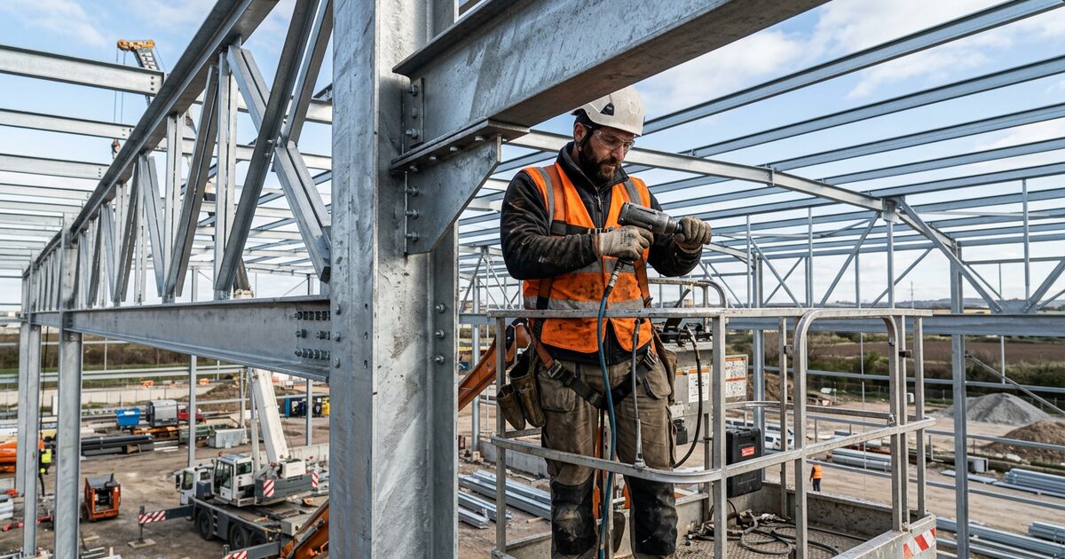 Carpentiere metallico con casco, gilet ad alta visibilità e imbracatura che bullona una trave in acciaio su una piattaforma aerea in cantiere