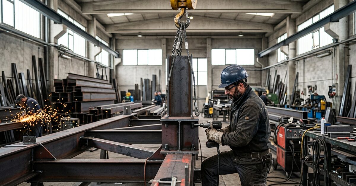 Carpentiere metallico con casco che serra i bulloni di una trave in acciaio sollevata dal carroponte in officina