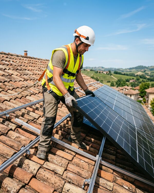 Installatore con casco e imbracatura che fissa un pannello fotovoltaico su un tetto