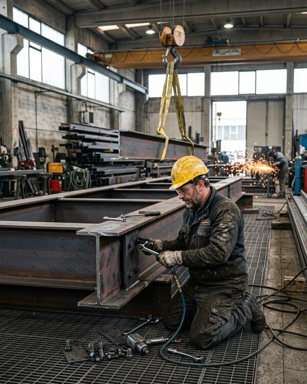 Carpentiere metallico con casco che serra i bulloni di una trave in acciaio in officina