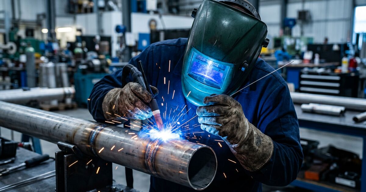Saldatore con maschera e guanti che salda un tubo in acciaio inox in officina